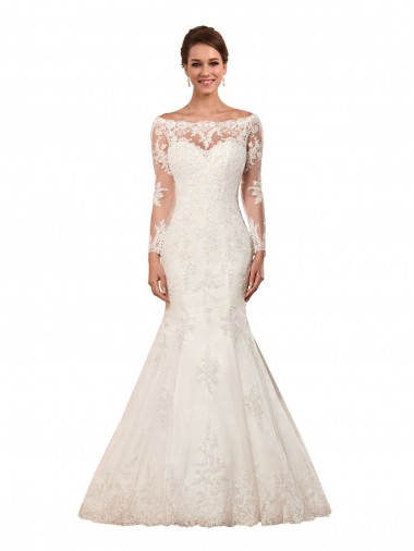 Online Long Sleeves Mermaid Lace Wedding Dress with Illusion Back