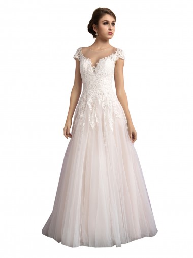 Online Illusion Cap Sleeves A-Line Tulle Beach Wedding Dress with Lace Bodice