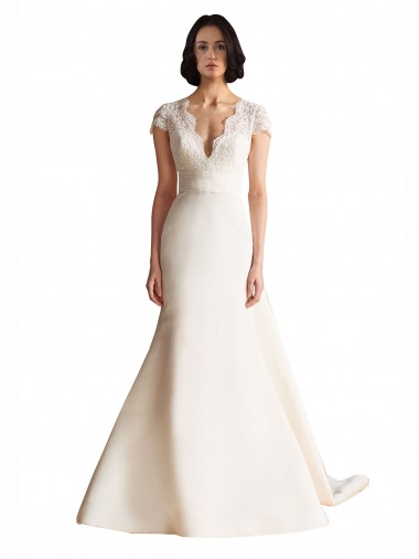 Online V-Neck Lace Bodice A-Line Satin Wedding Dress with Keyhole Back