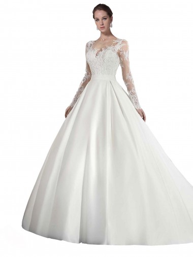 Online Long Sleeves Illusion Neck A-Line Satin Wedding Dress with Lace Bodice