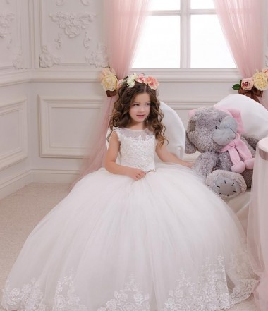 Online Ivory Ball Gown Bateau Neck Chapel Train Sleeveless Flower Girl Dress