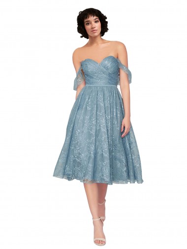 Online Off the Shoulder Sweetheart Chantilly Lace Midi Length Cocktail Bridesmaid Dress