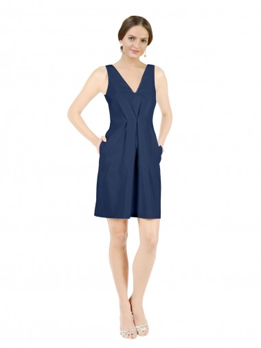Online Deep V-Neck Short Knee Length Satin Cocktail Bridesmaid Dress with Slimming Pleats