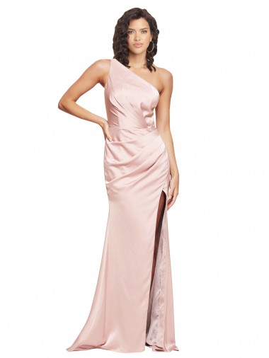 Online Full Length Ruched Formal Silky Satin Bridesmaid Dress / Prom Dress with Low Back and High Split