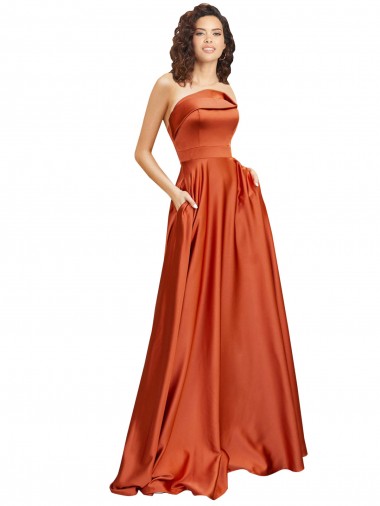 Online Strapless Sweep Train Formal Silky Satin Bridesmaid Dress / Prom Dress with Pleats