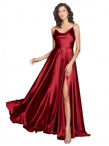 Online Cowl Neckline Long Formal Silky Satin Bridesmaid Dress / Prom Dress with Spaghetti Straps