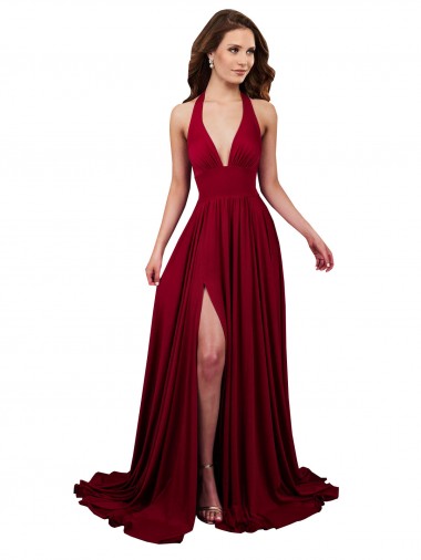 Online A-Line Halter Plunge V-Neckline Open Back Formal Spandex Bridesmaid Dress / Prom Dress with Slit