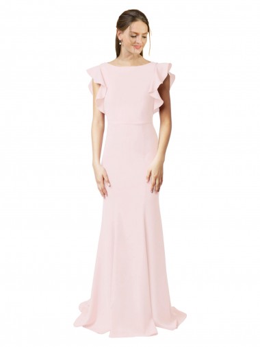 Online Low V-Back Long Mermaid Crepe Bridesmaid Dress / Prom Dress with Ruffled Sleeves