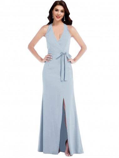 Online Open Back Halter Maxi Formal Crepe Bridesmaid Dress / Prom Dress with Draped Bow