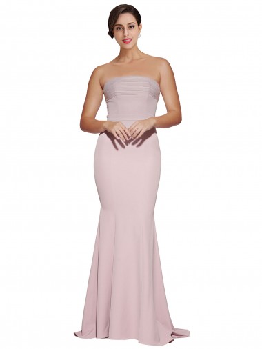 Online Straight Neck Long Strapless Formal Crepe Bridesmaid Dress / Prom Dress with Soft Tulle Overlay and Small Train