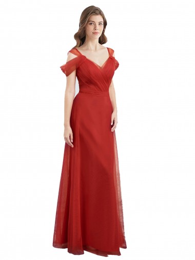 Online Cold Shoulder Pleated Wrap Tulle Bridesmaid Dress with Low V-Back