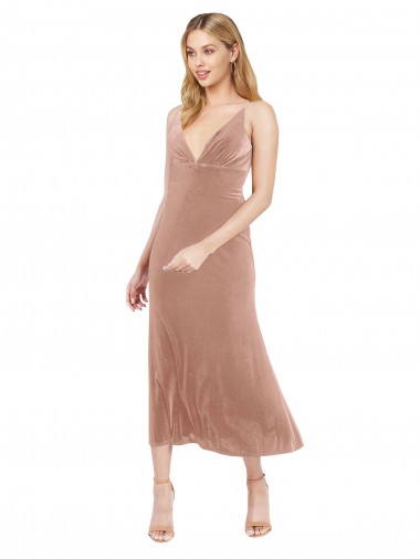 Online Midi Cocktail Length Short V-Neck Velvet Bridesmaid Dress / Prom Dress with Notched Neckline
