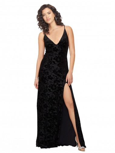 Online V-Neck Cowl Back Floral Velvet Bridesmaid Dress with Front Slit and Deep V-Neck